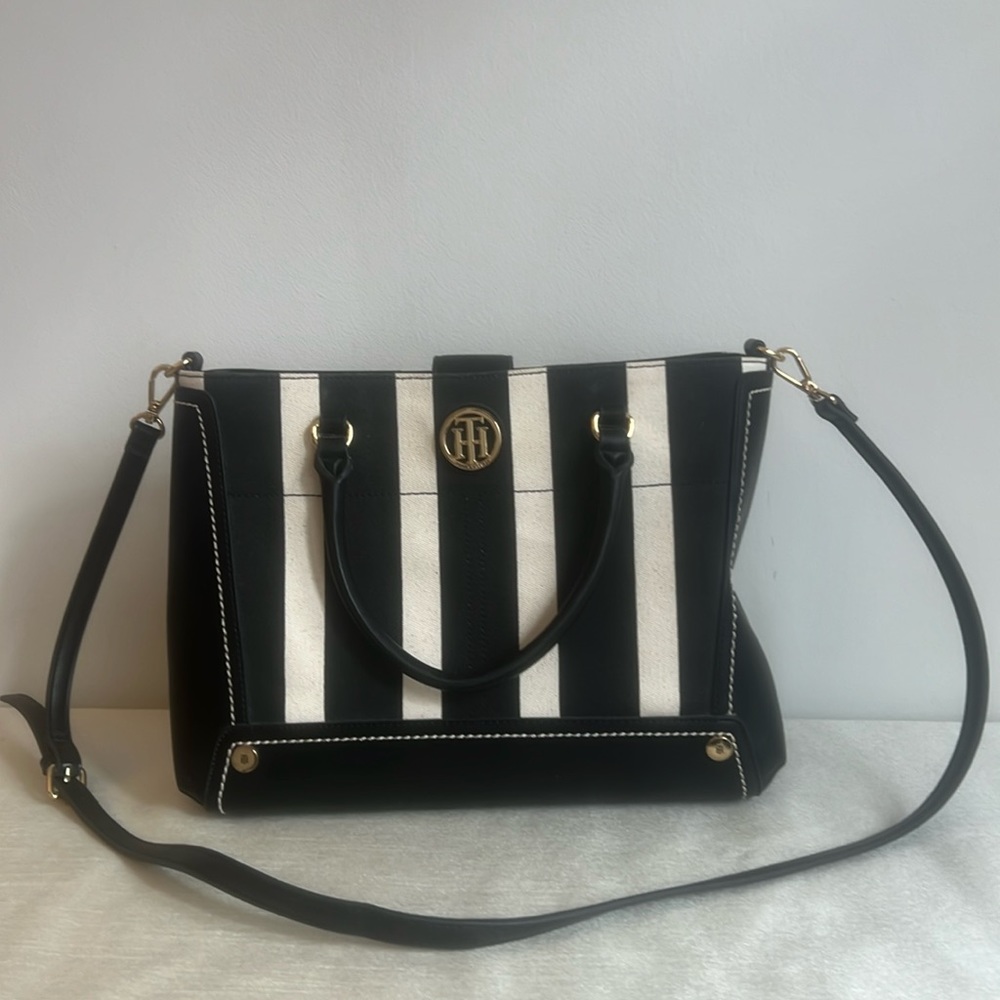 Tommy Hilfiger Stripped Black and White Large Tote Bag with Logo